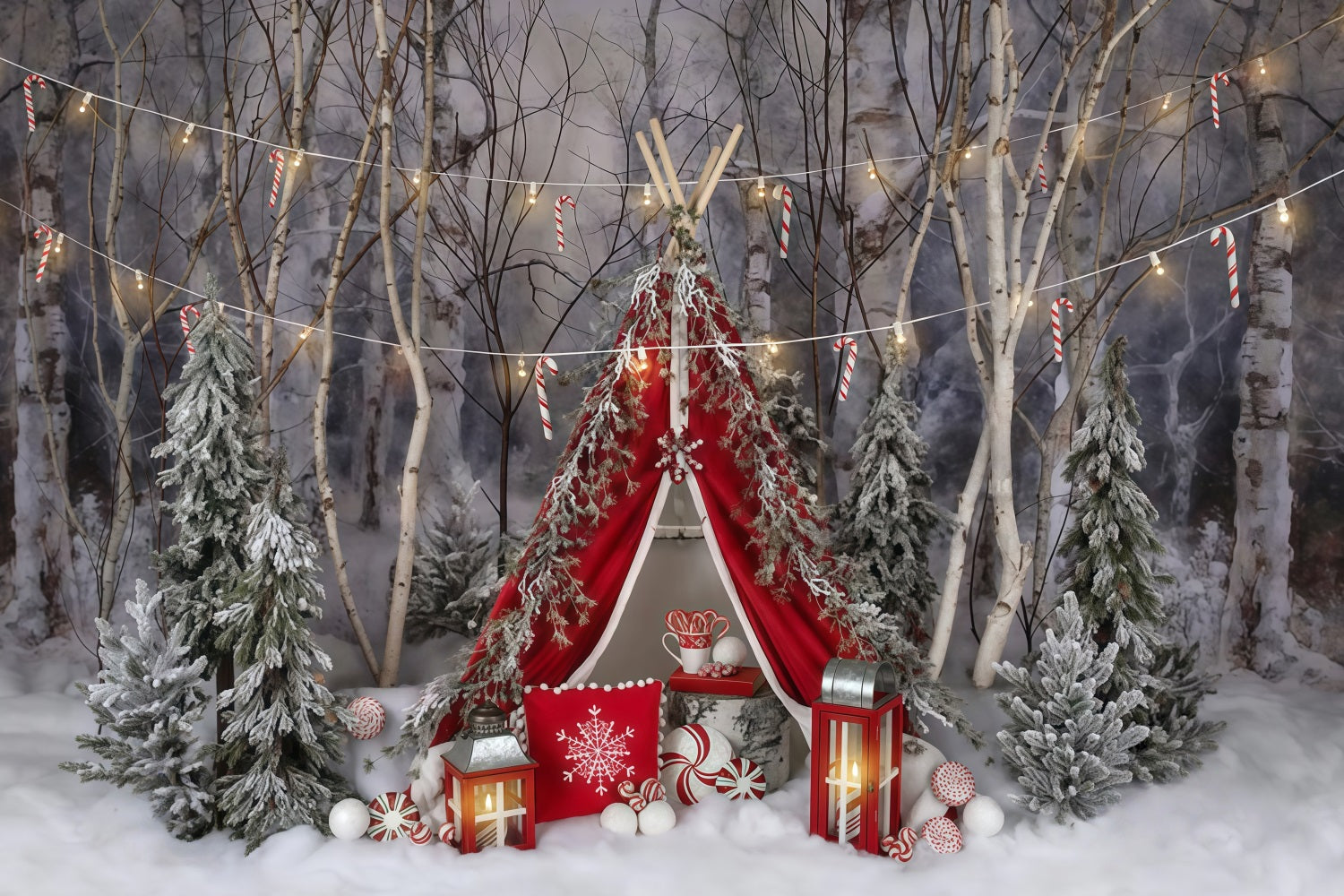 Schneewaldhintergrund Zuckerstange Winterzelt Waldhintergrund MRR9-73