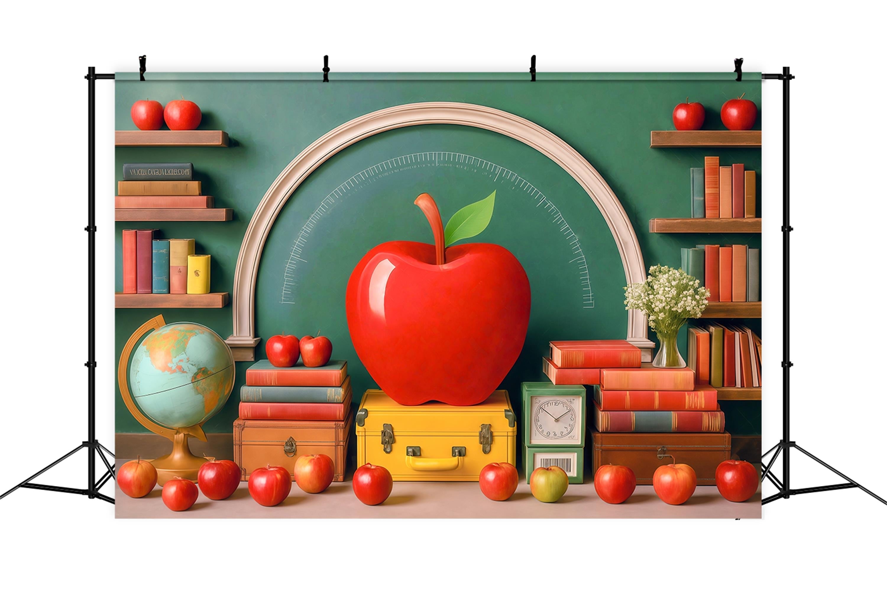 Schulfoto-Fotohintergrund Riesiger roter Apfel Klassenzimmer Zurück zur Schule-Fotohintergrund MRR9-76