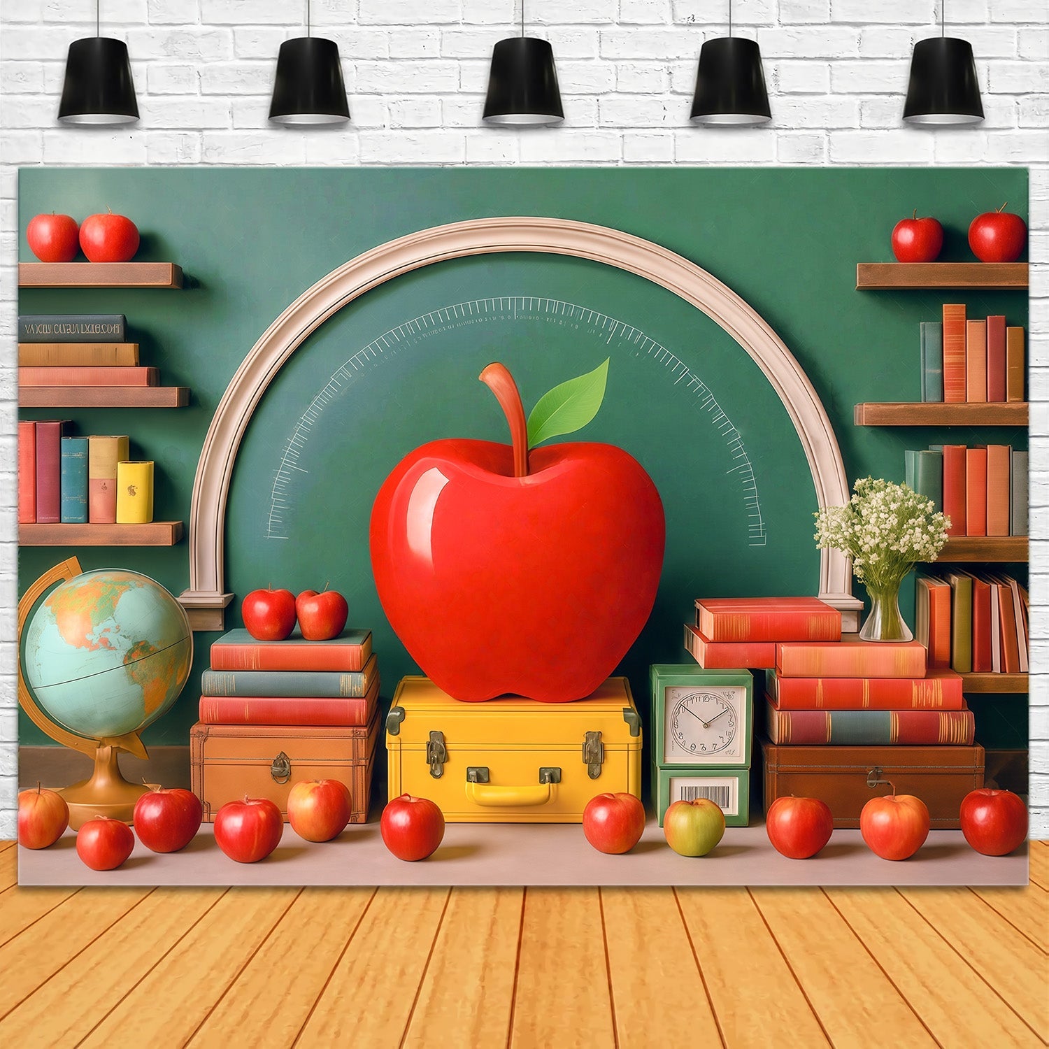Schulfoto-Fotohintergrund Riesiger roter Apfel Klassenzimmer Zurück zur Schule-Fotohintergrund MRR9-76