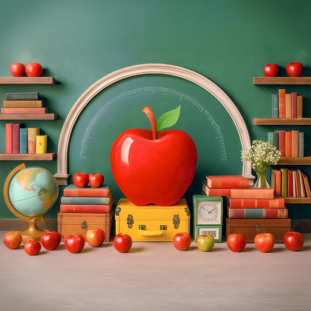 Schulfoto-Fotohintergrund Riesiger roter Apfel Klassenzimmer Zurück zur Schule-Fotohintergrund MRR9-76