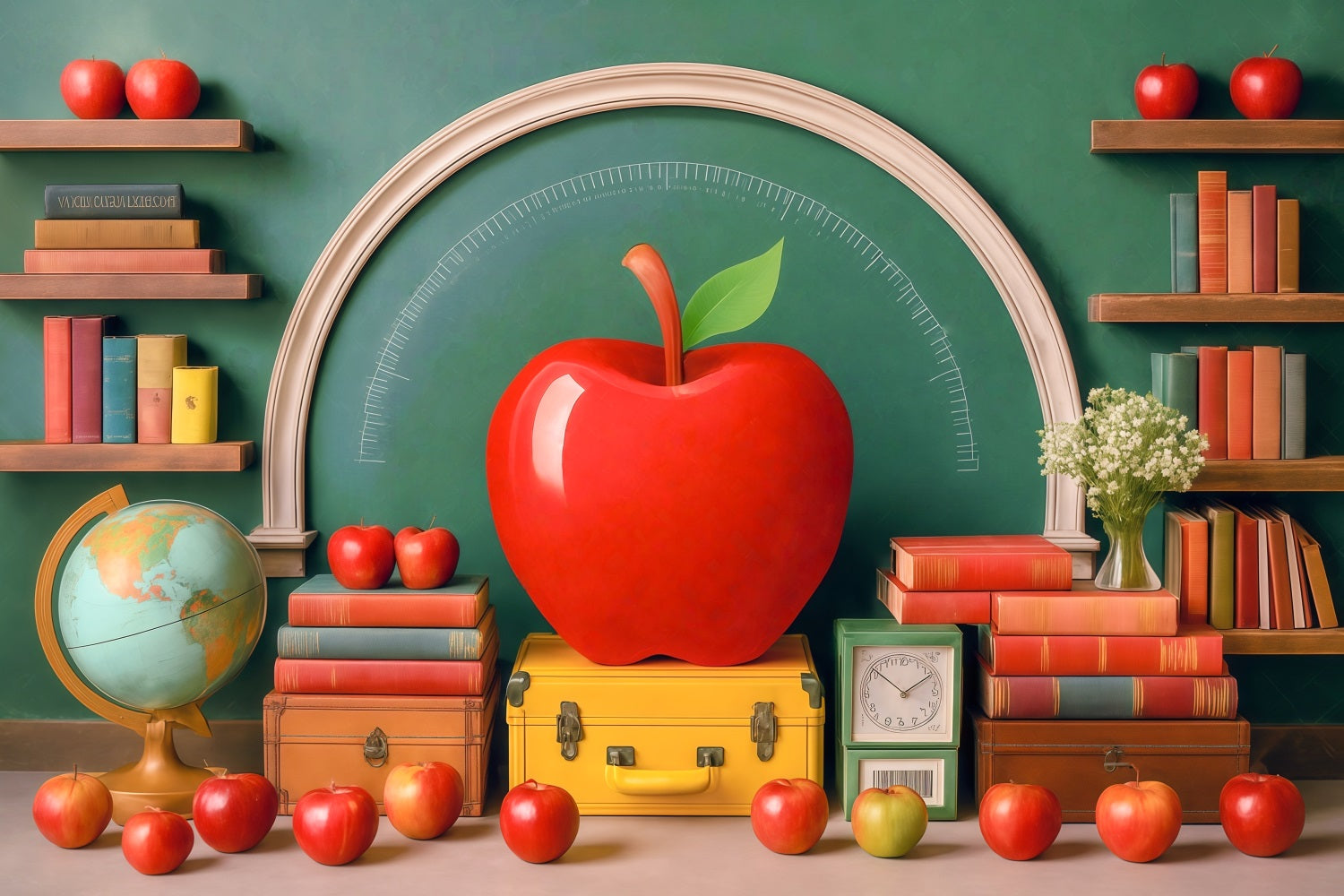 Schulfoto-Fotohintergrund Riesiger roter Apfel Klassenzimmer Zurück zur Schule-Fotohintergrund MRR9-76