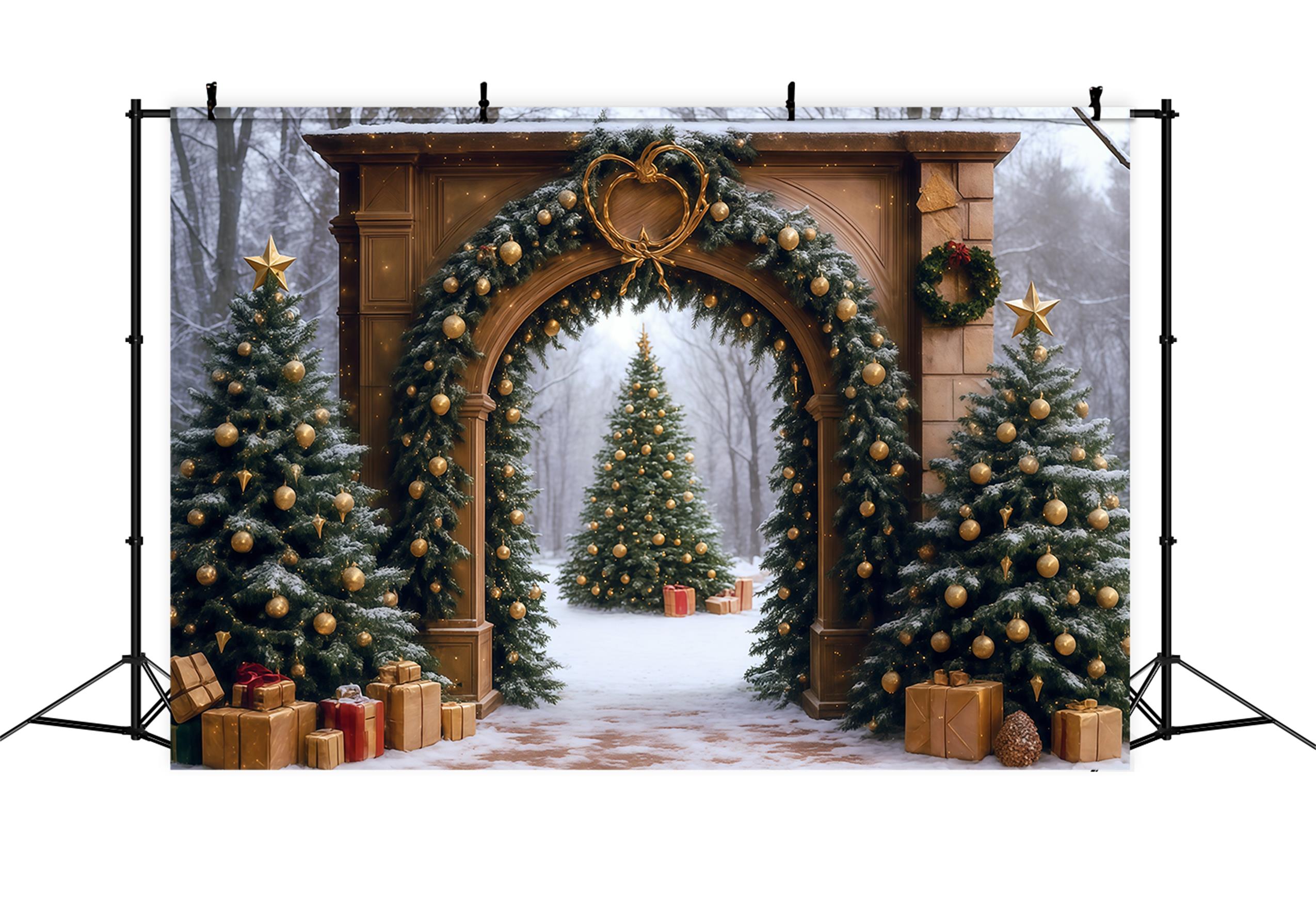 Weihnachtsbaum-Fotohintergrund Verschneiter Wald Torbogen Weihnachtsfoto-Fotohintergrund MRR9-77