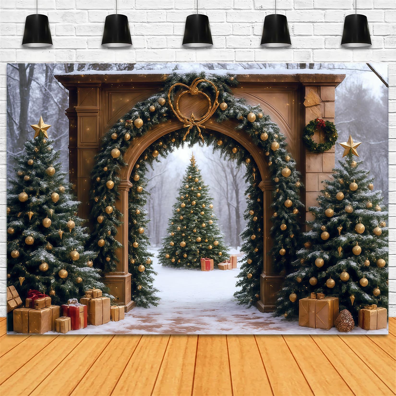 Weihnachtsbaum-Fotohintergrund Verschneiter Wald Torbogen Weihnachtsfoto-Fotohintergrund MRR9-77