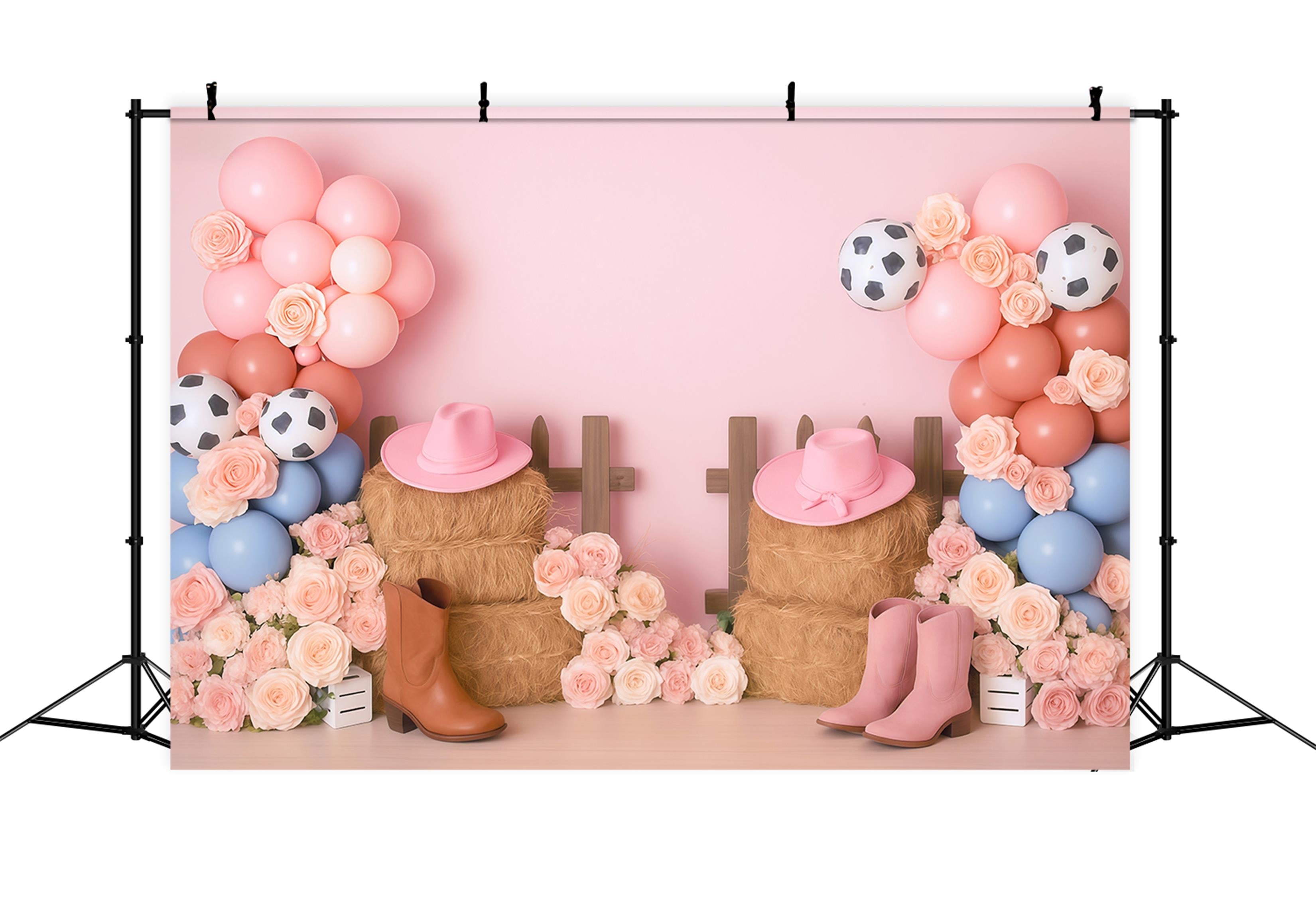 Cowgirl-Fotohintergrundideen Cowgirl-Stiefel Blumenballons Kinderhintergründe MRR9-79