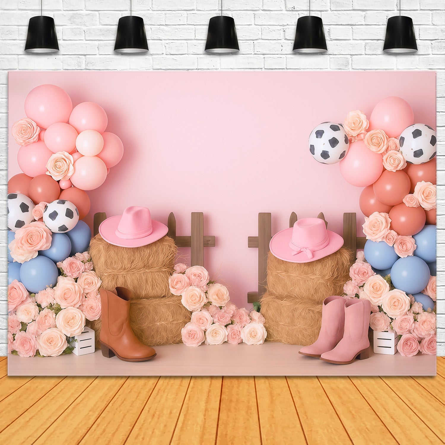 Cowgirl-Fotohintergrundideen Cowgirl-Stiefel Blumenballons Kinderhintergründe MRR9-79