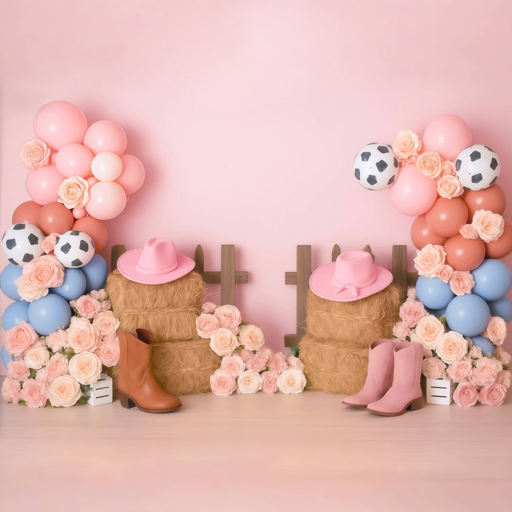 Cowgirl-Fotohintergrundideen Cowgirl-Stiefel Blumenballons Kinderhintergründe MRR9-79