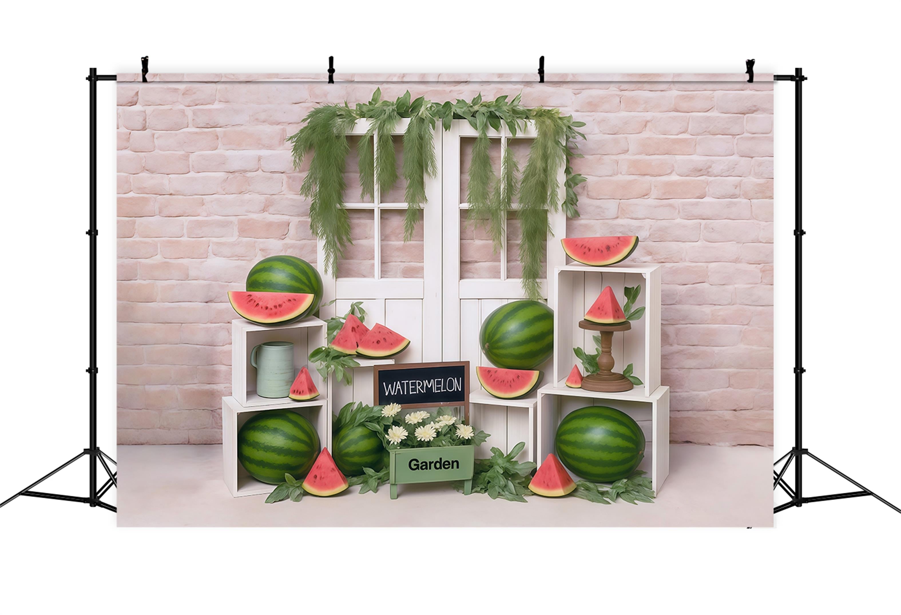 Wassermelonen-Fotohintergrund Backsteinmauer Holztür Sommer-Fotohintergrund MRR9-80