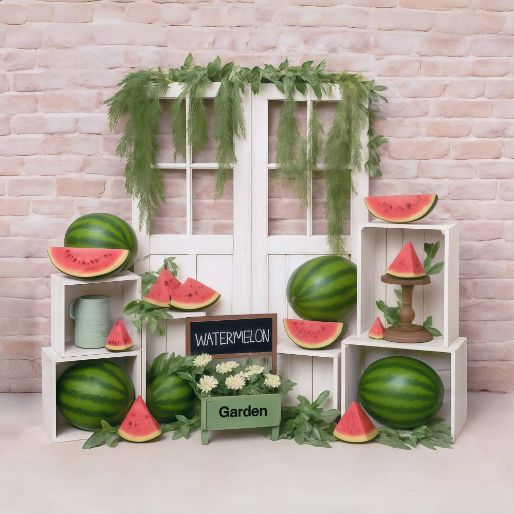 Wassermelonen-Fotohintergrund Backsteinmauer Holztür Sommer-Fotohintergrund MRR9-80
