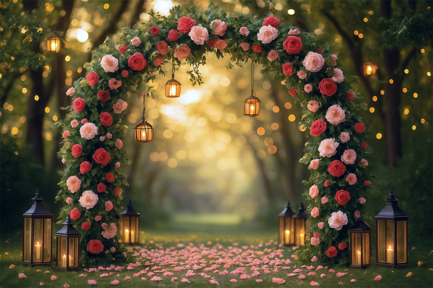 Blumenhintergrund Romantischer Rosenbogen Laternen Blumen-Fotohintergrund MRR9-81