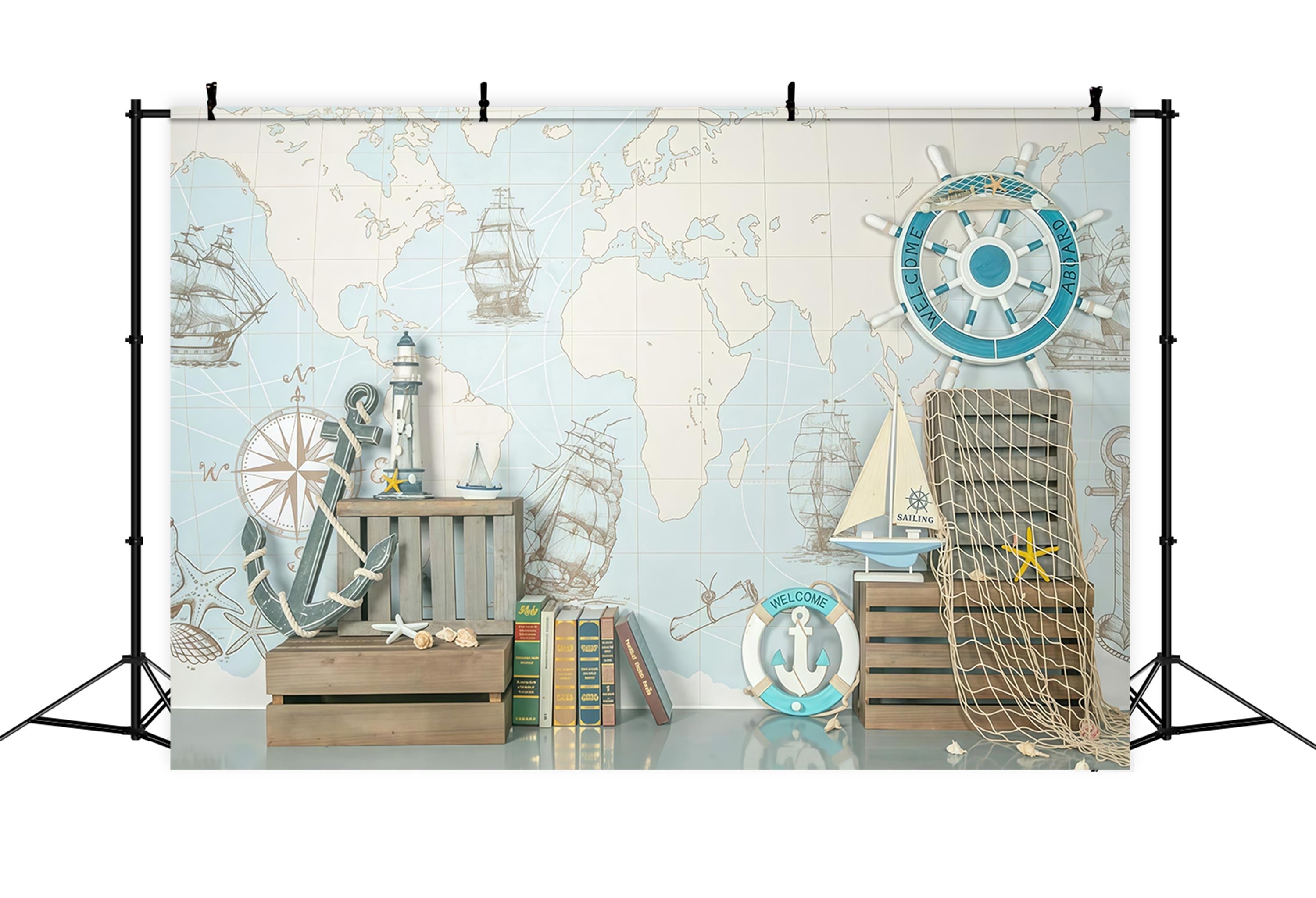Neugeborenen-Fotohintergrund Seekarte Schiffe Steuerrad-Dekoration Kinder-Fotohintergrund MRR9-82
