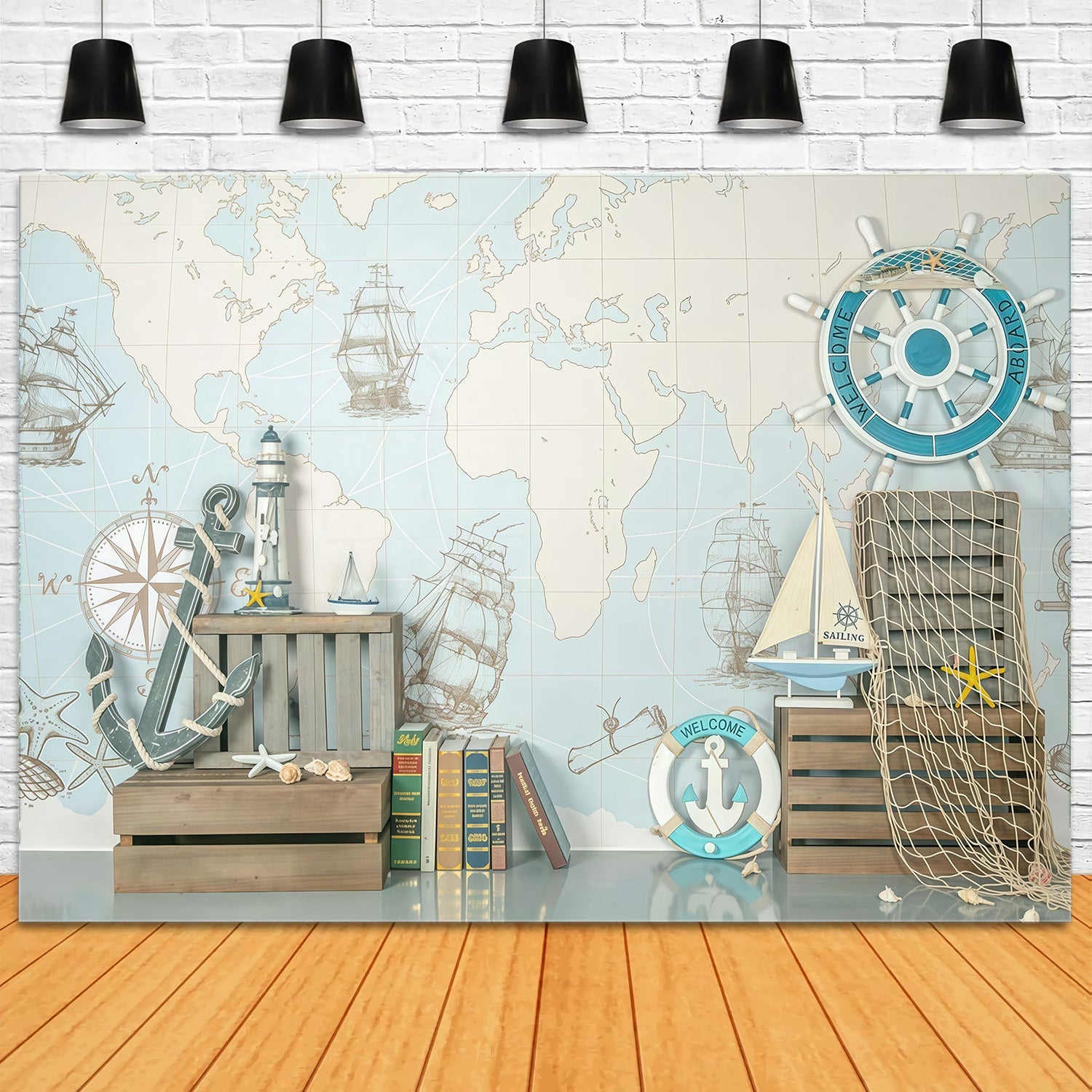 Neugeborenen-Fotohintergrund Seekarte Schiffe Steuerrad-Dekoration Kinder-Fotohintergrund MRR9-82
