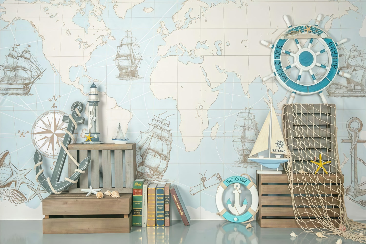 Neugeborenen-Fotohintergrund Seekarte Schiffe Steuerrad-Dekoration Kinder-Fotohintergrund MRR9-82