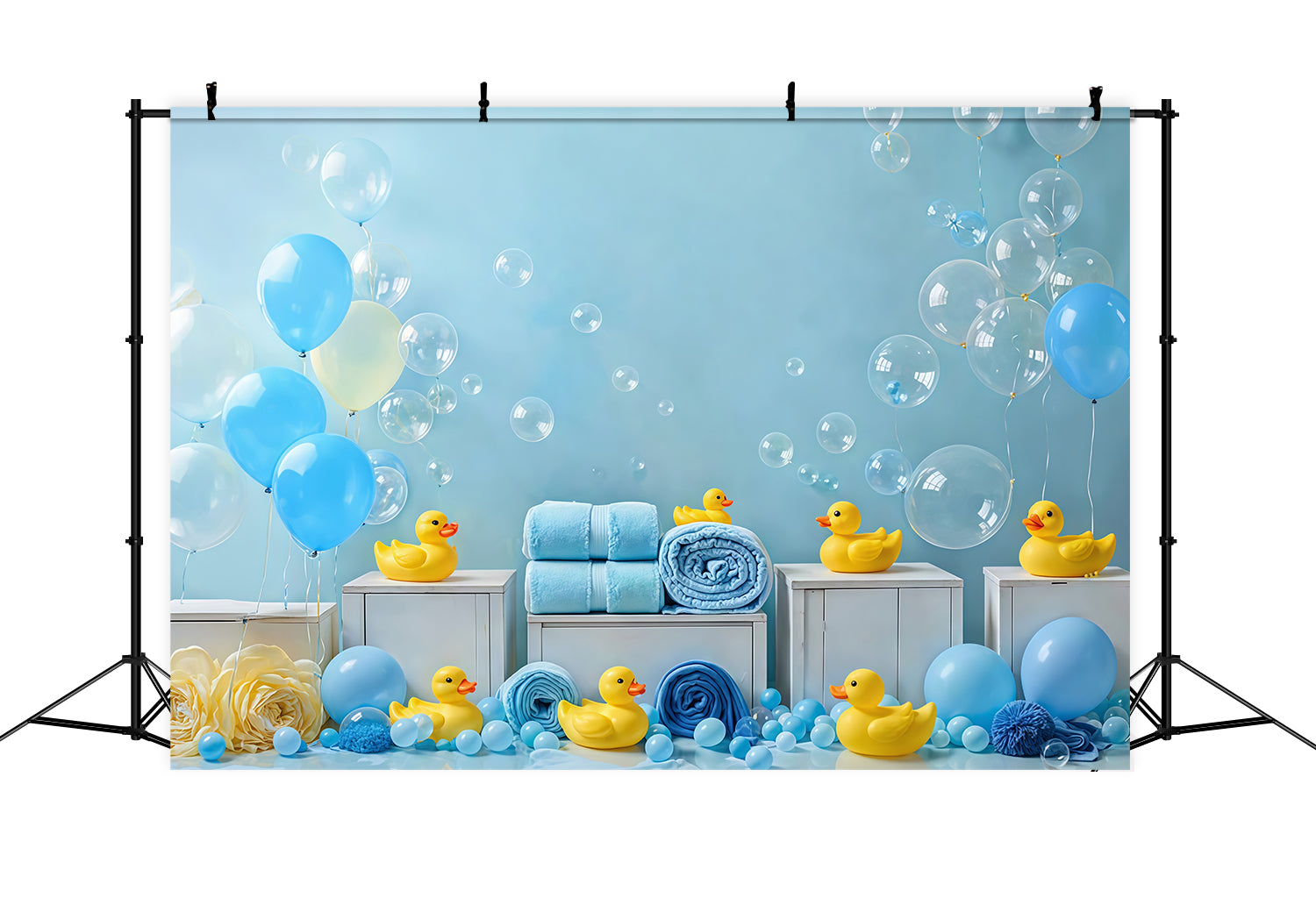 Kinder-Fotohintergrund Blaue Luftballons Gummienten Seifenblasen Fotohintergrund für Neugeborene MRR9-83