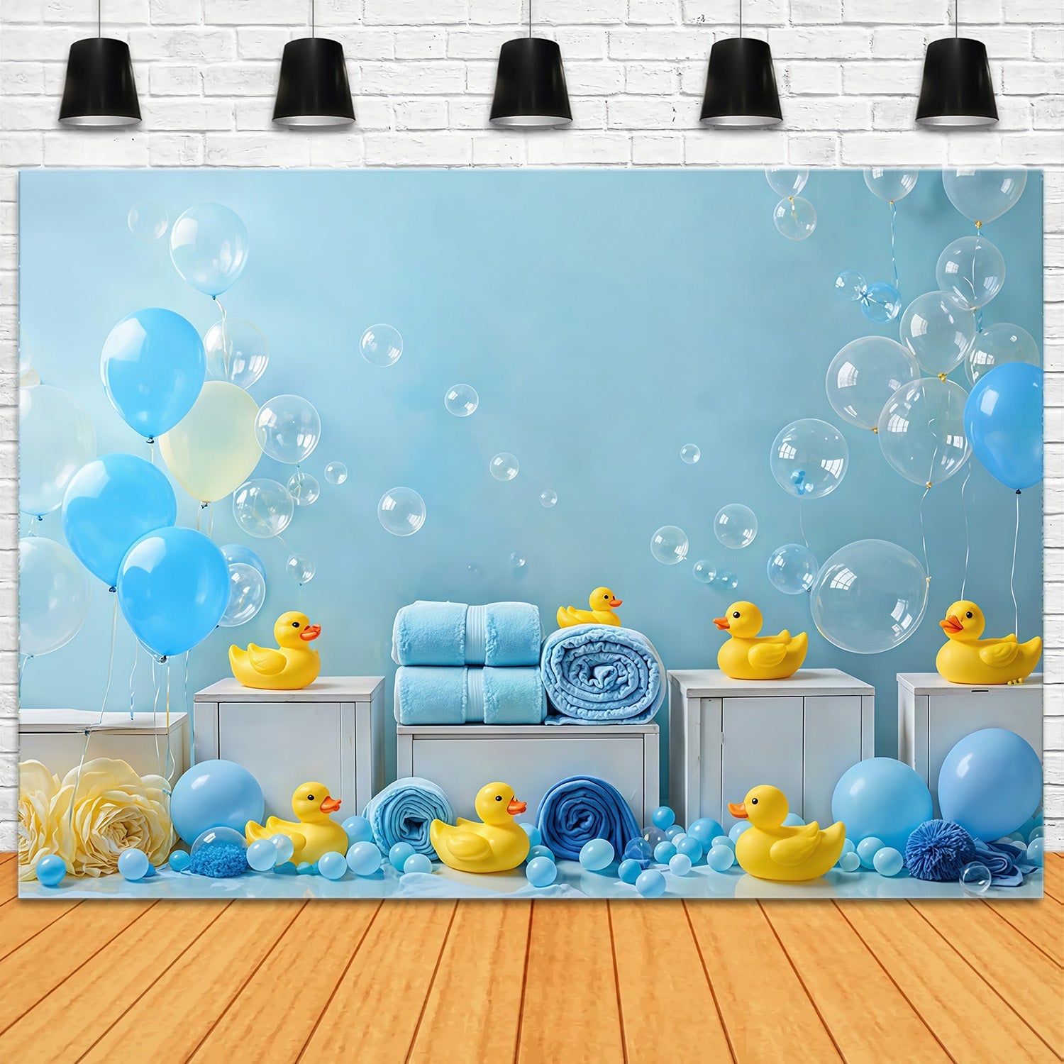 Kinder-Fotohintergrund Blaue Luftballons Gummienten Seifenblasen Fotohintergrund für Neugeborene MRR9-83