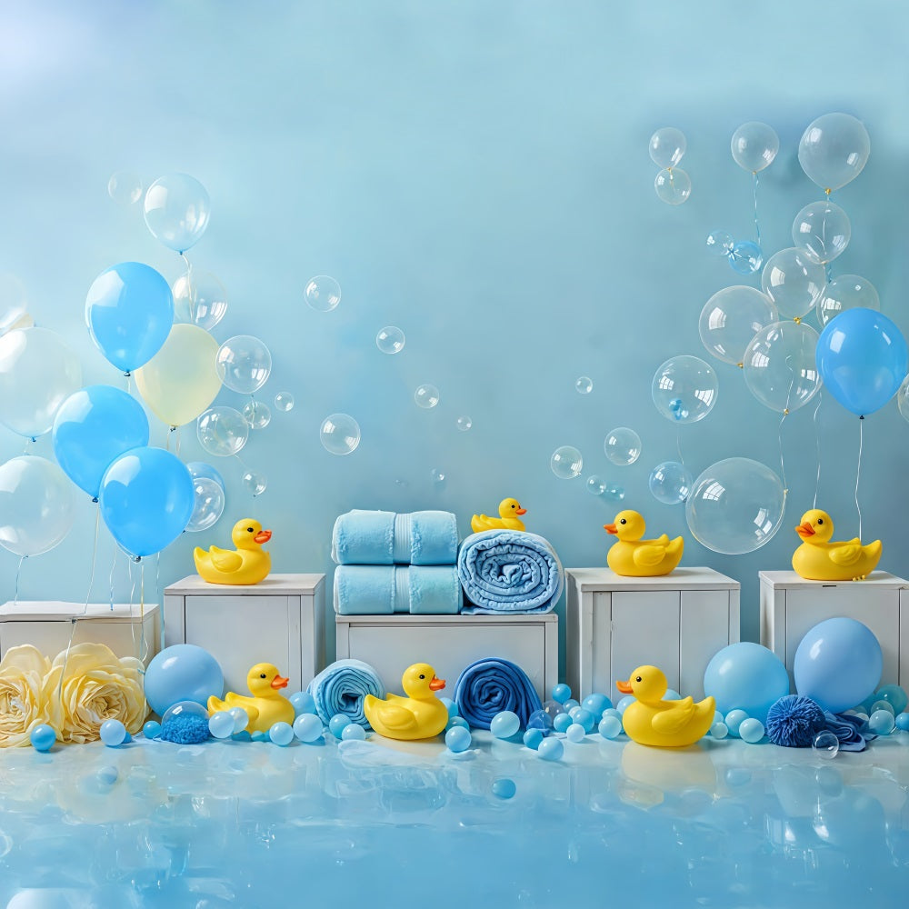 Kinder-Fotohintergrund Blaue Luftballons Gummienten Seifenblasen Fotohintergrund für Neugeborene MRR9-83