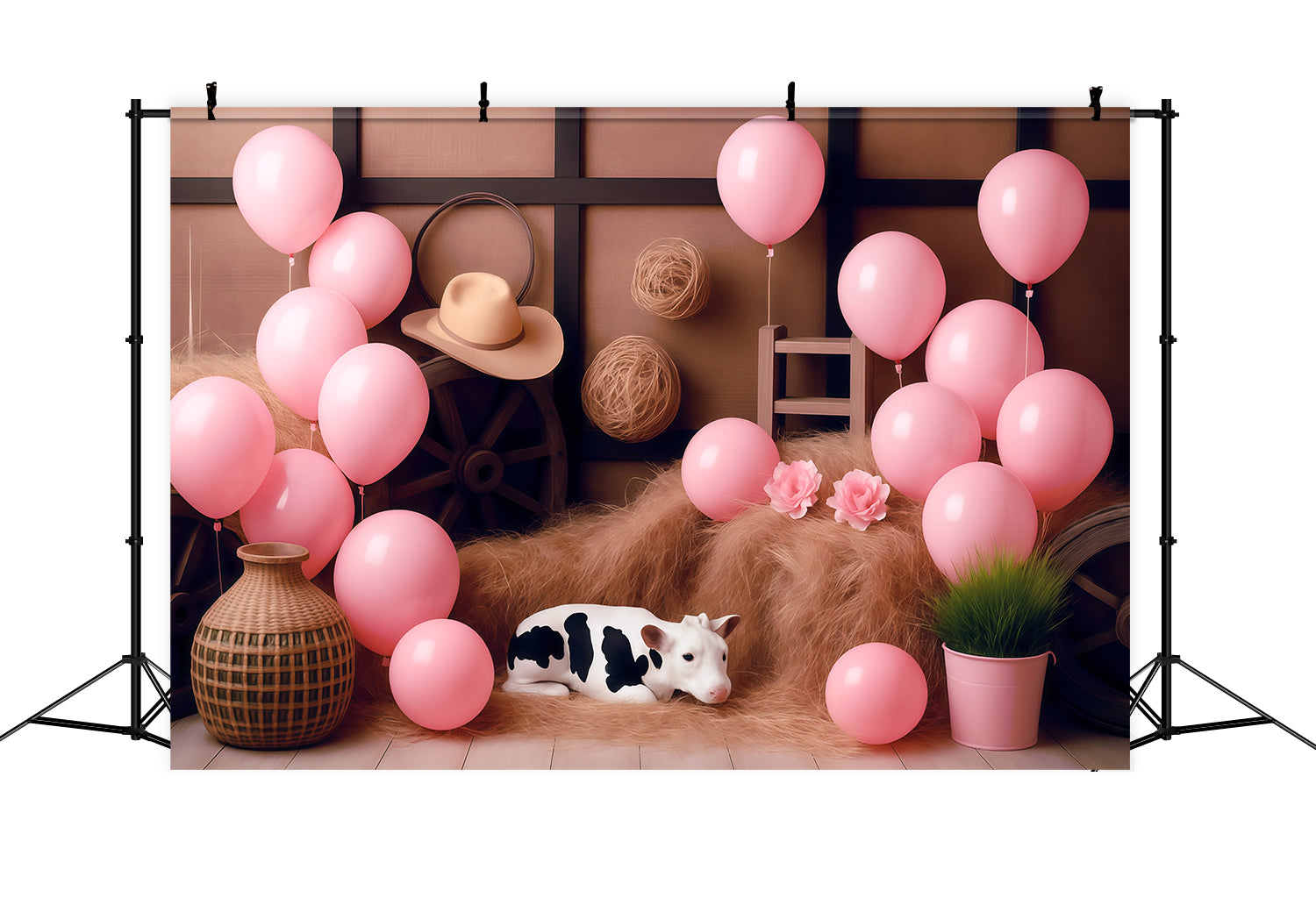 Cowgirl-Fotohintergrundideen Rustikaler Stall Rosa Luftballons Kinderhintergründe MRR9-87