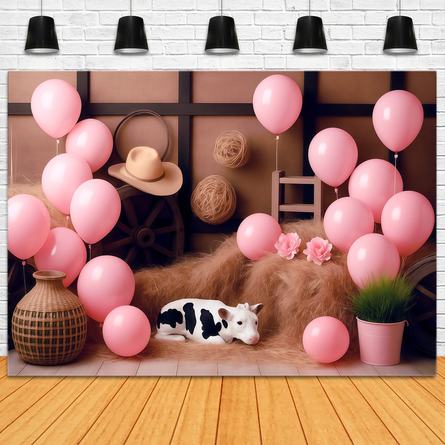 Cowgirl-Fotohintergrundideen Rustikaler Stall Rosa Luftballons Kinderhintergründe MRR9-87