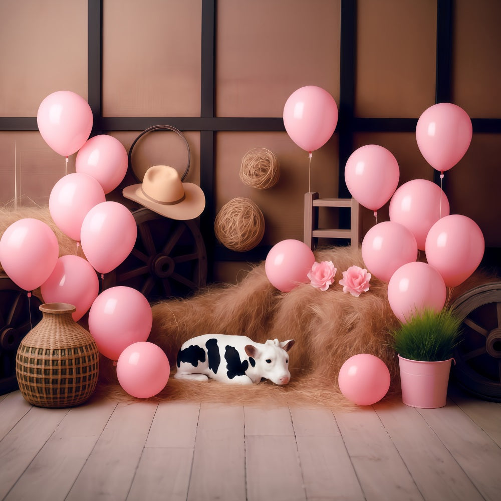 Cowgirl-Fotohintergrundideen Rustikaler Stall Rosa Luftballons Kinderhintergründe MRR9-87
