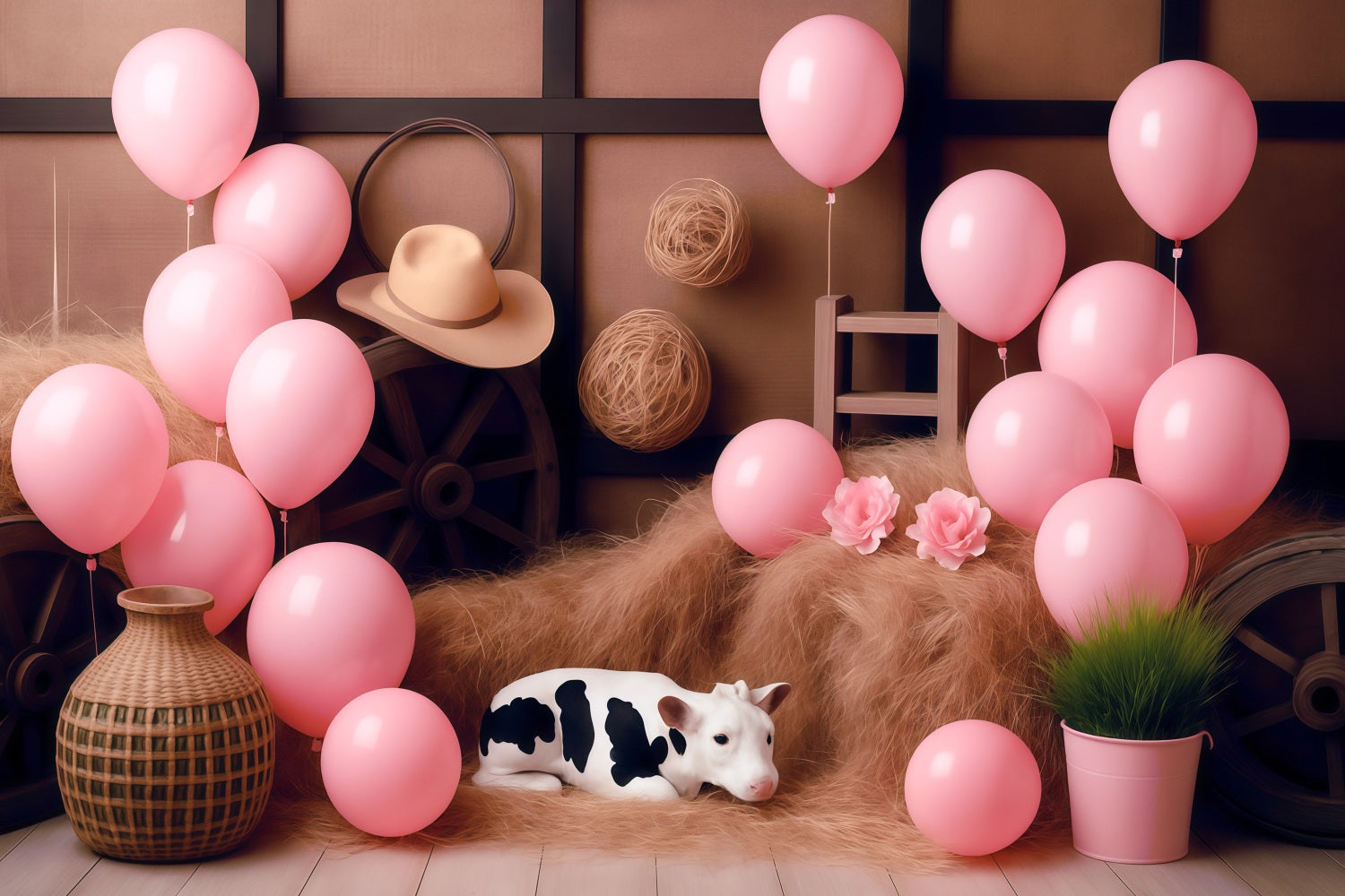Cowgirl-Fotohintergrundideen Rustikaler Stall Rosa Luftballons Kinderhintergründe MRR9-87