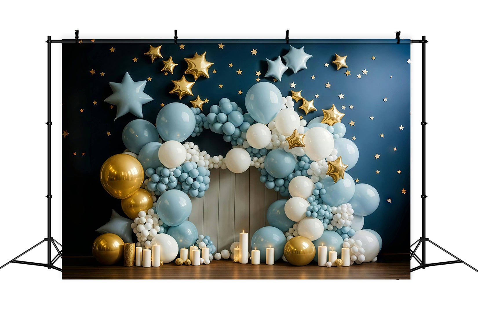 Kuchen-Smash-Fotohintergrund Blau-goldener Stern-Ballonbogen Geburtstags-Fotohintergrund MRR9-90