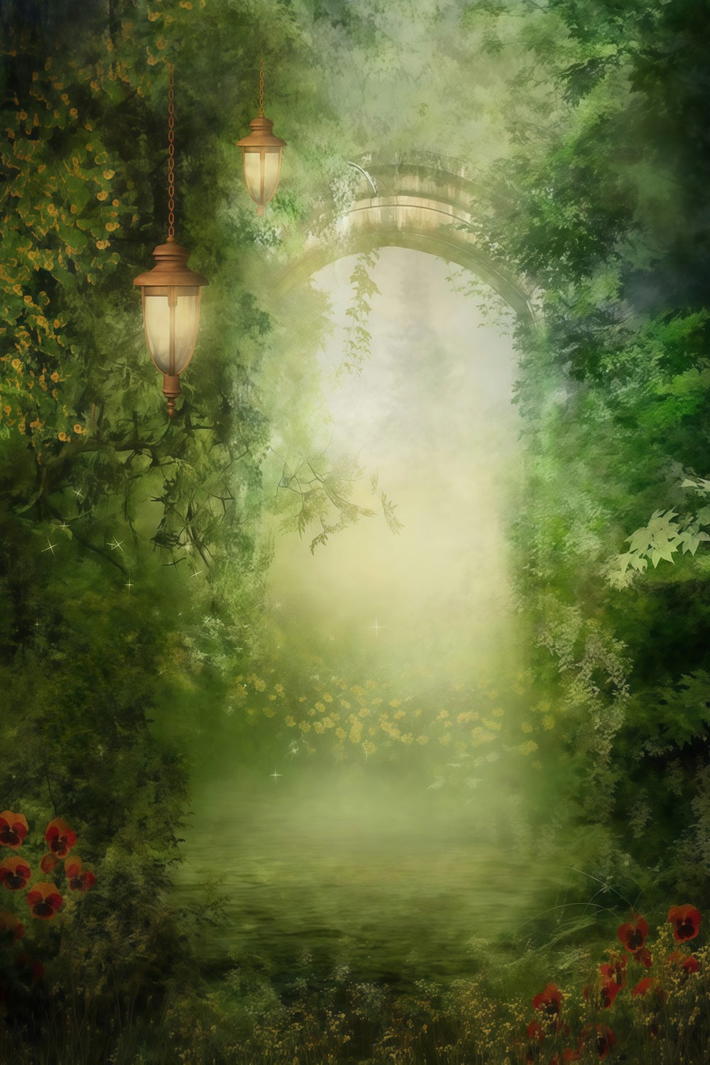 Zauberwald-Fotohintergrund Magischer Nebelbogen Laternen Wald-Fotohintergrund MRR9-94