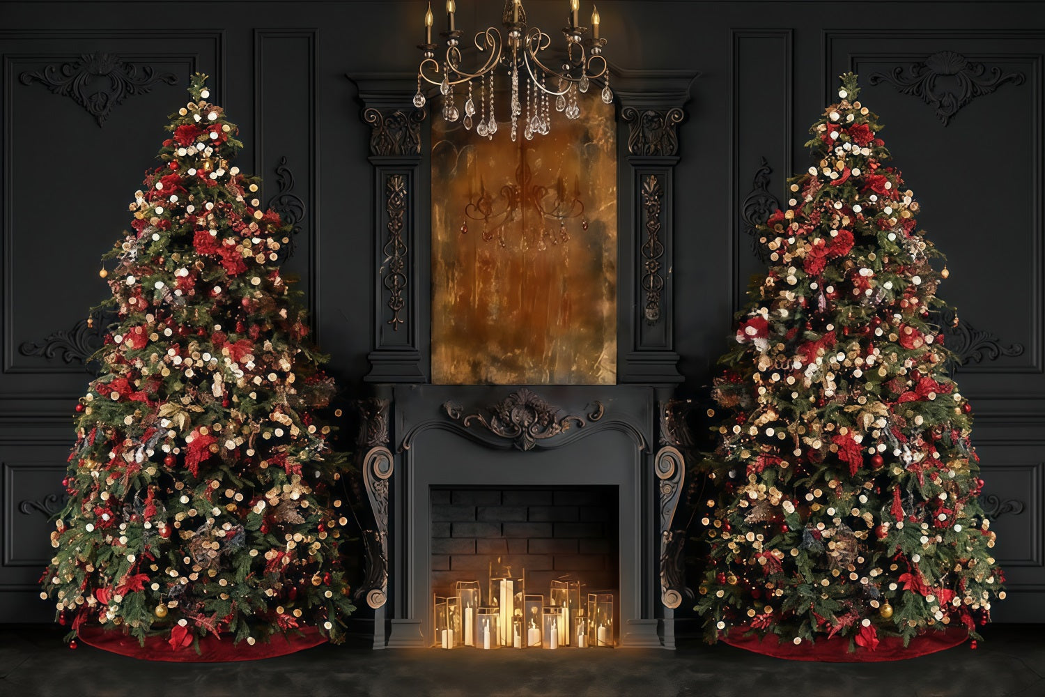 Weihnachts-Kamin-Fotohintergrund Elegante Bäume Kaminlicht Weihnachts-Fotohintergrund MRR9-99