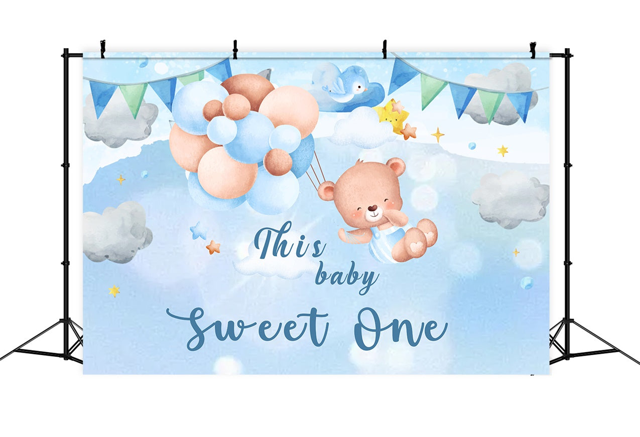 Personalisierte Geburtstag Fotokulisse Teddy Sky Ballon Hintergrund RR1-29