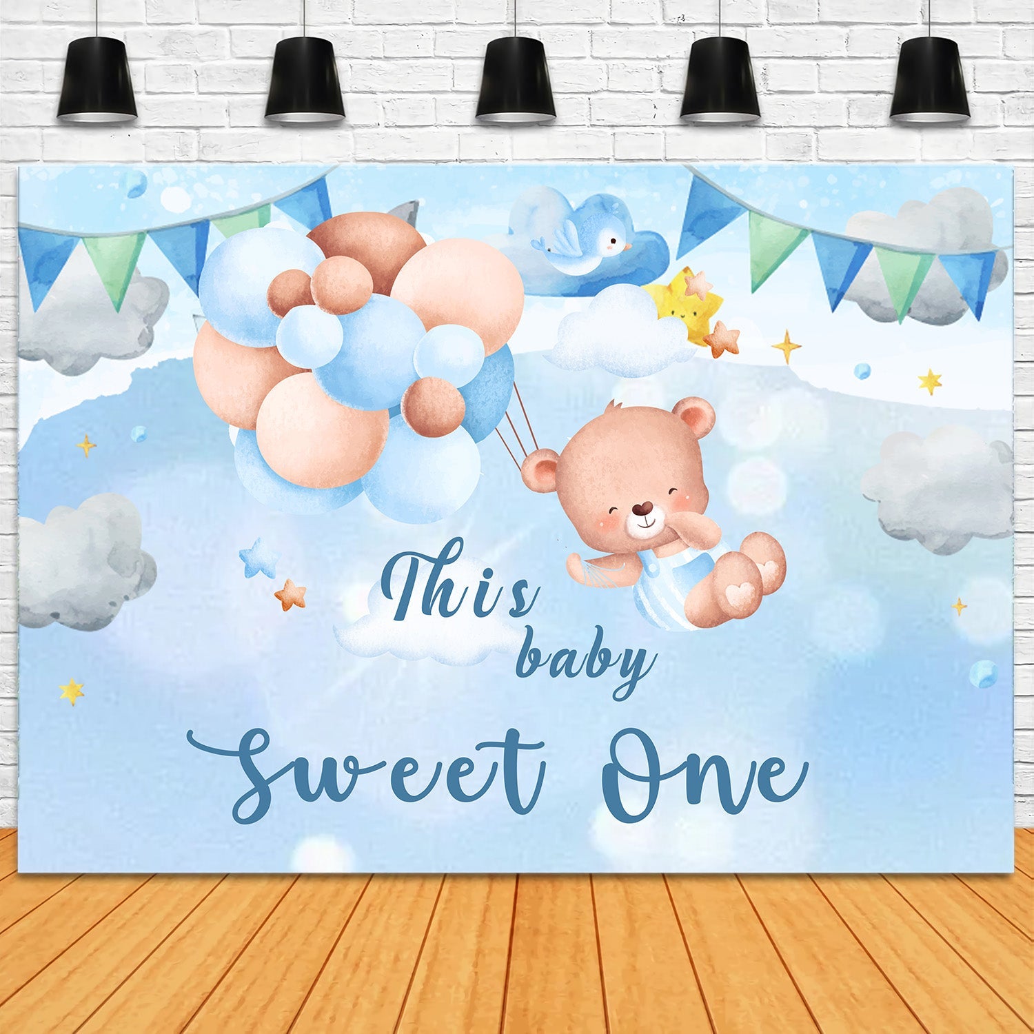 Personalisierte Geburtstag Fotokulisse Teddy Sky Ballon Hintergrund RR1-29