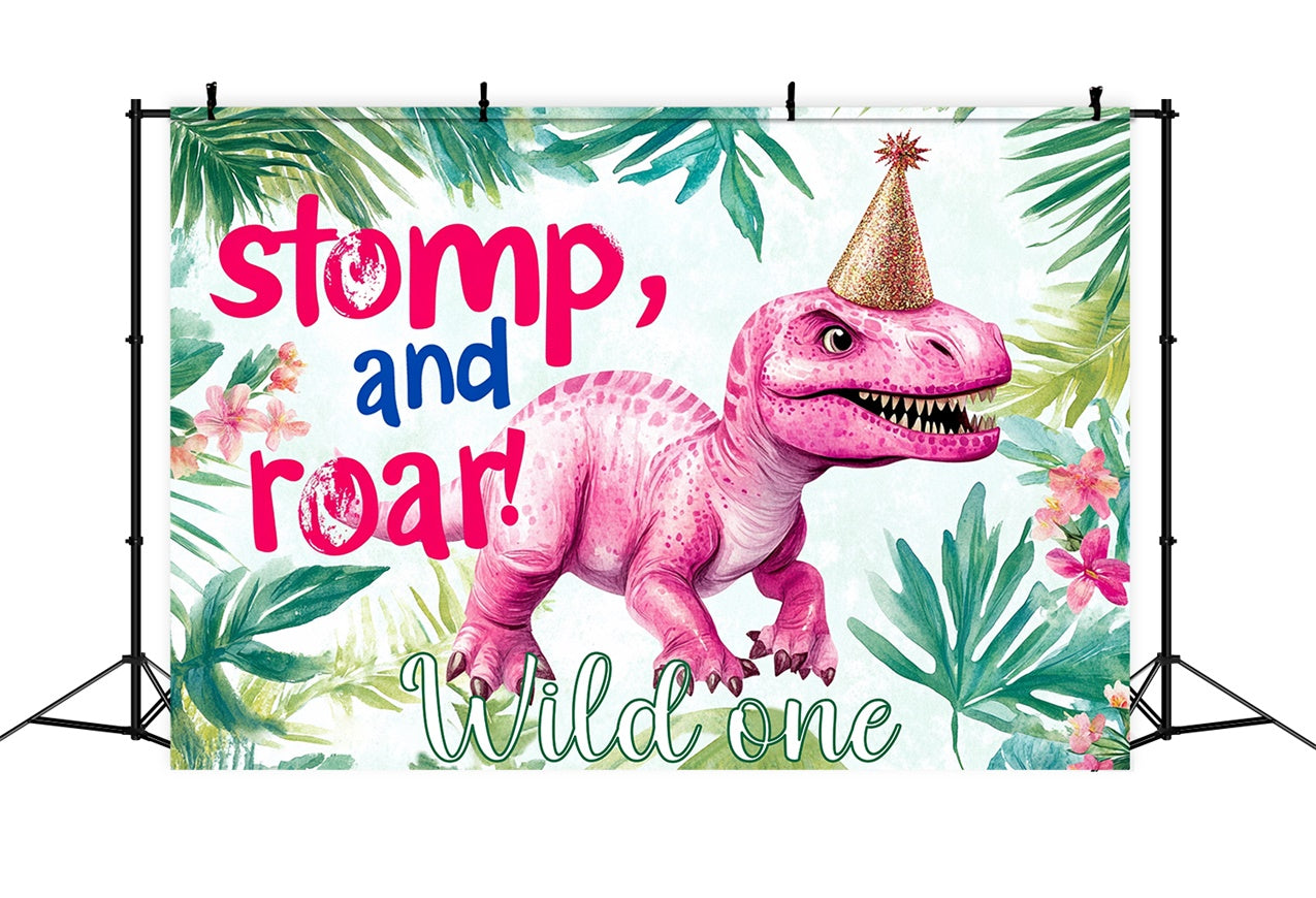 Geburtstag Backdrop Personalisierte Grüne Blätter Rosa Dino Backdrop RR1-33