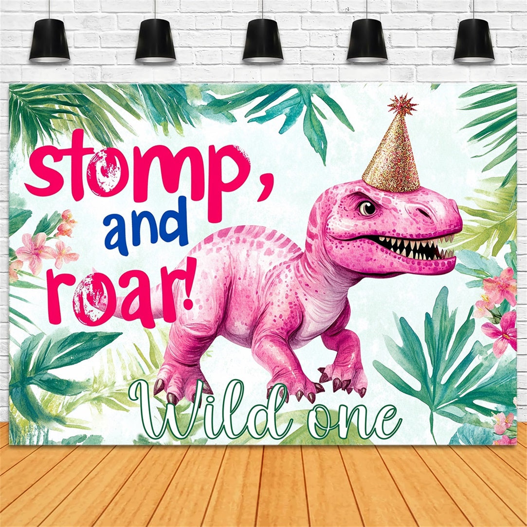 Geburtstag Backdrop Personalisierte Grüne Blätter Rosa Dino Backdrop RR1-33