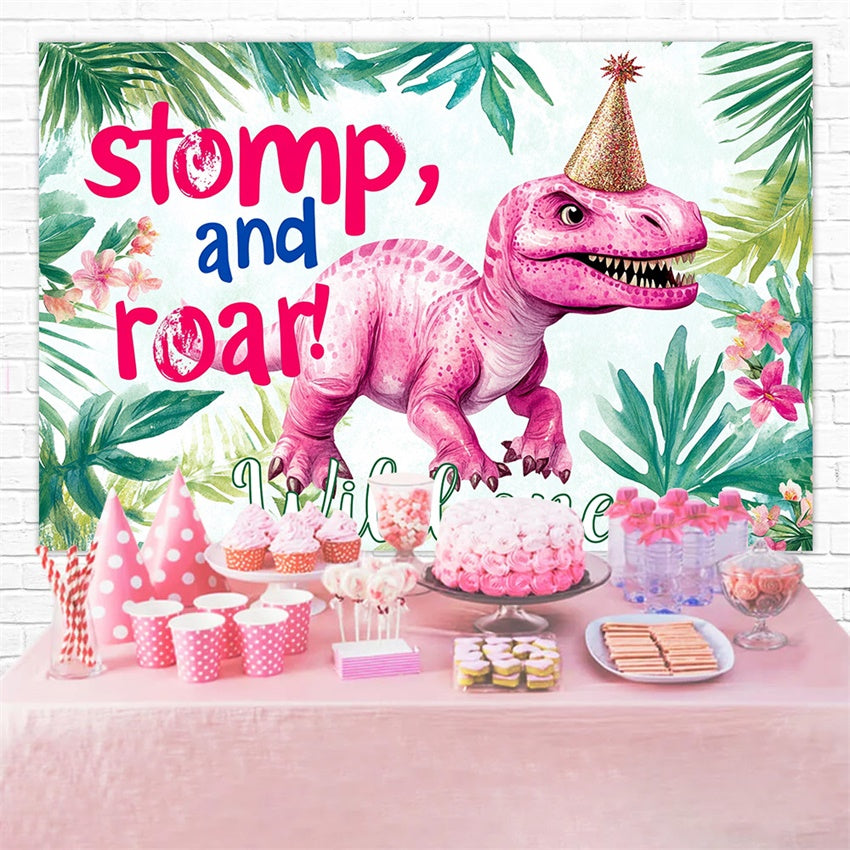 Geburtstag Backdrop Personalisierte Grüne Blätter Rosa Dino Backdrop RR1-33