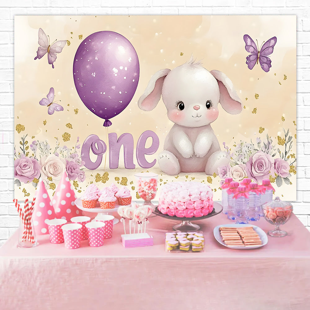 Personalisierte Backdrop für Geburtstag Lila Ballon Bunny Backdrop RR1-40