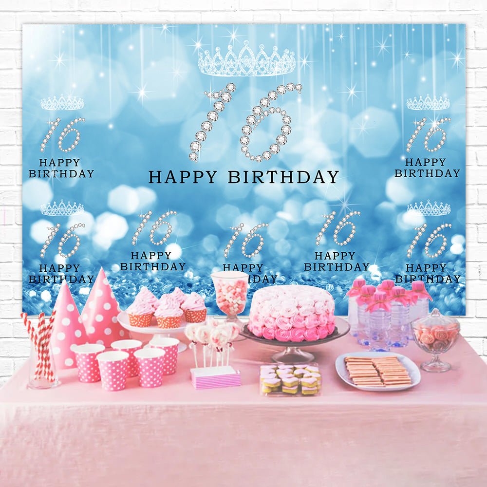 Personalisierte Geburtstagskulissen Sweet 16 Blau Glitter Luxury Backdrop RR1-57