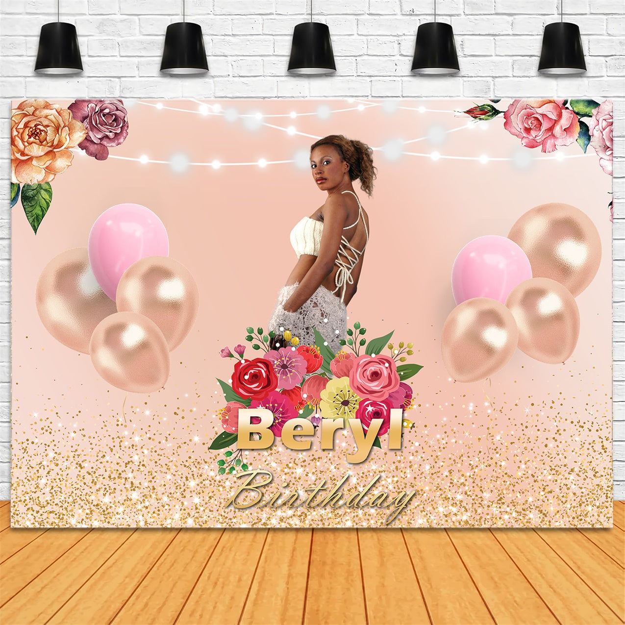 Custom Made Birthday Backdrops Gold Ballons Floral Backdrop RR1-68