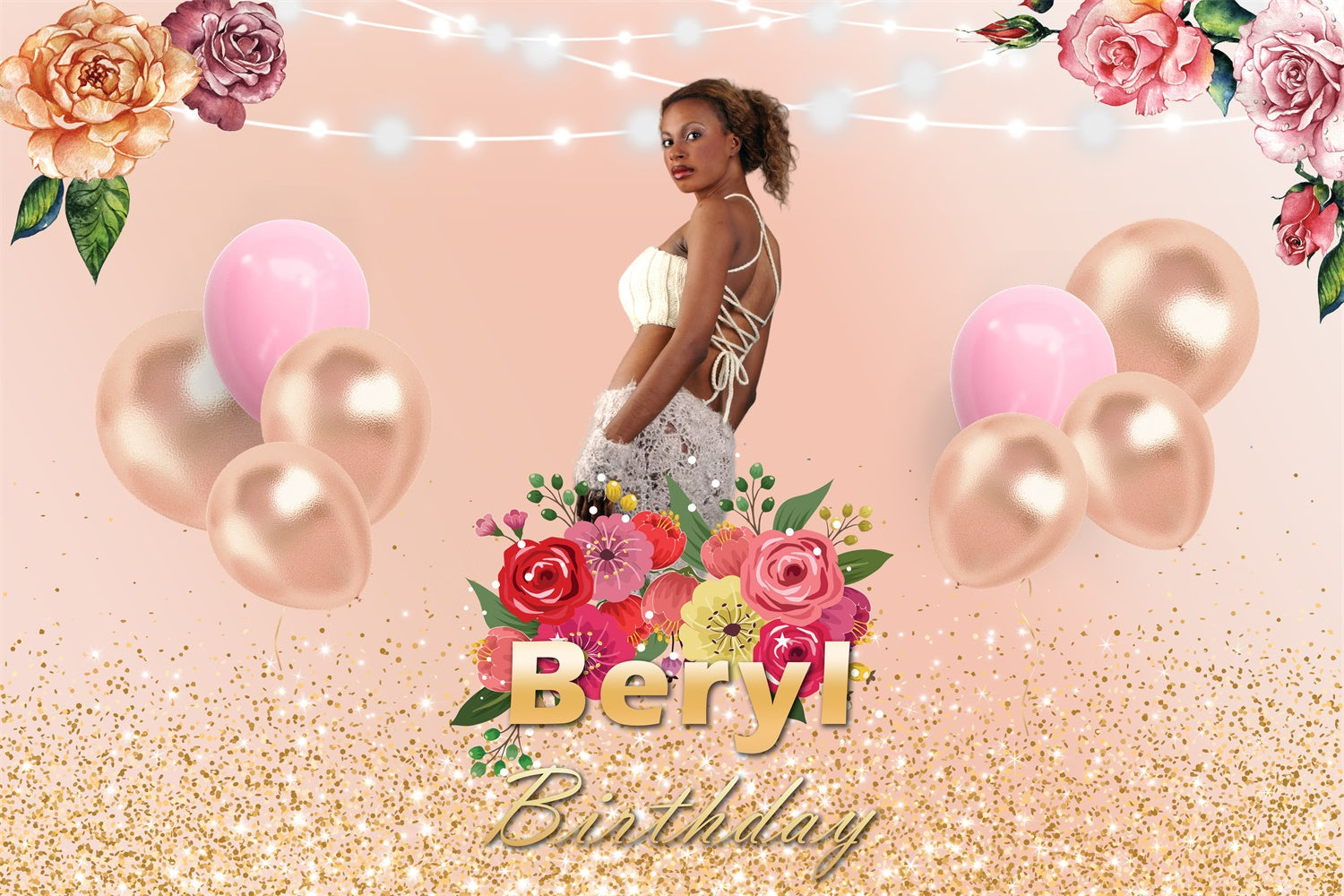 Custom Made Birthday Backdrops Gold Ballons Floral Backdrop RR1-68