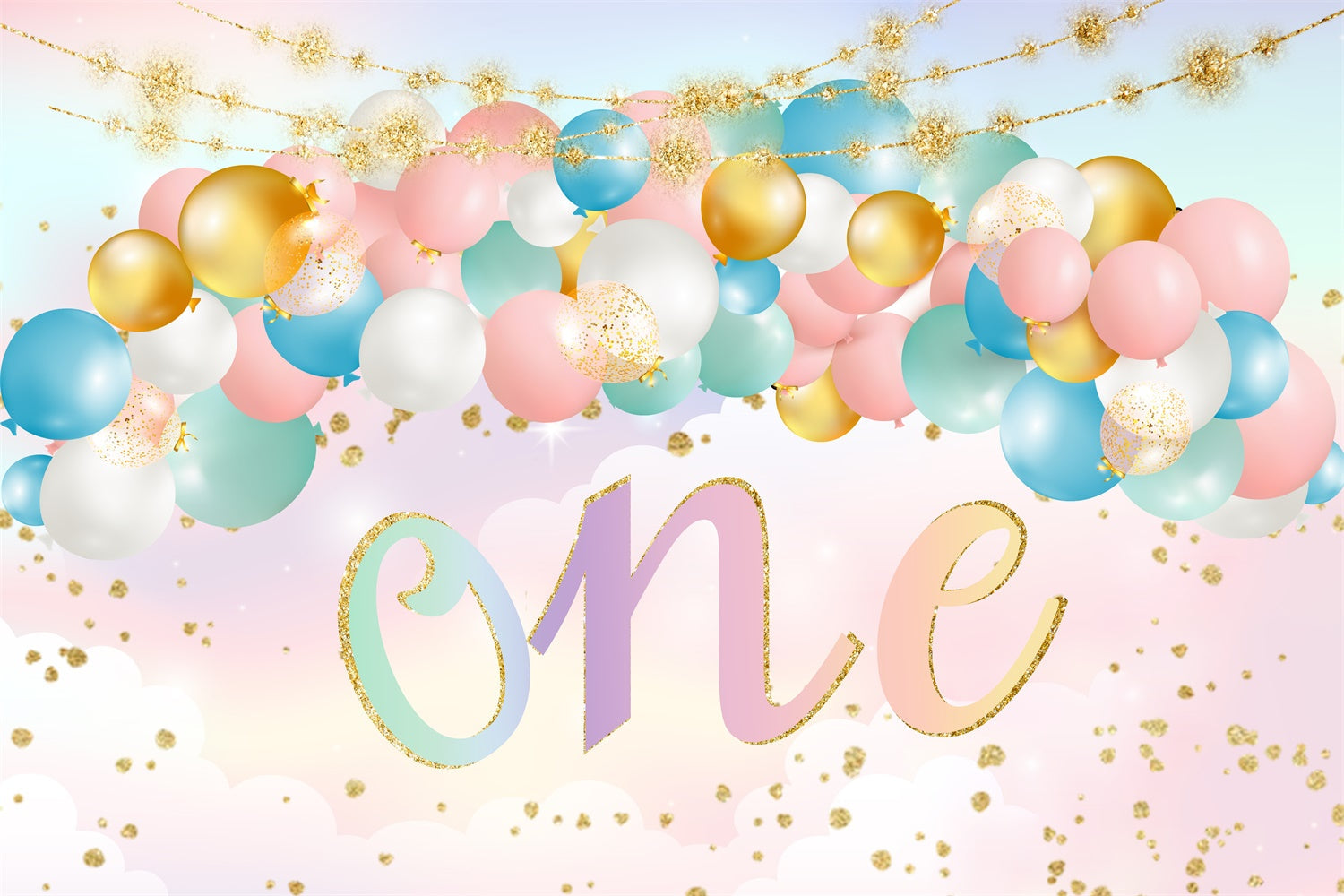 Custom 1st Birthday Backdrop Golden Konfetti Pastell Ballon Hintergrund RR1-70