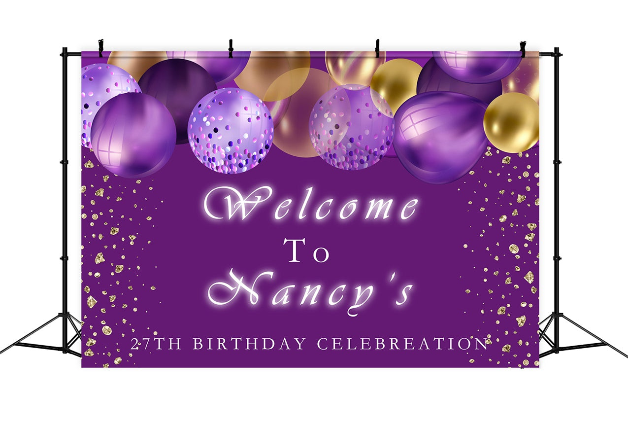 Customized Birthday Backdrop Lila Luftballons Golden Glitter Backdrop RR12-47