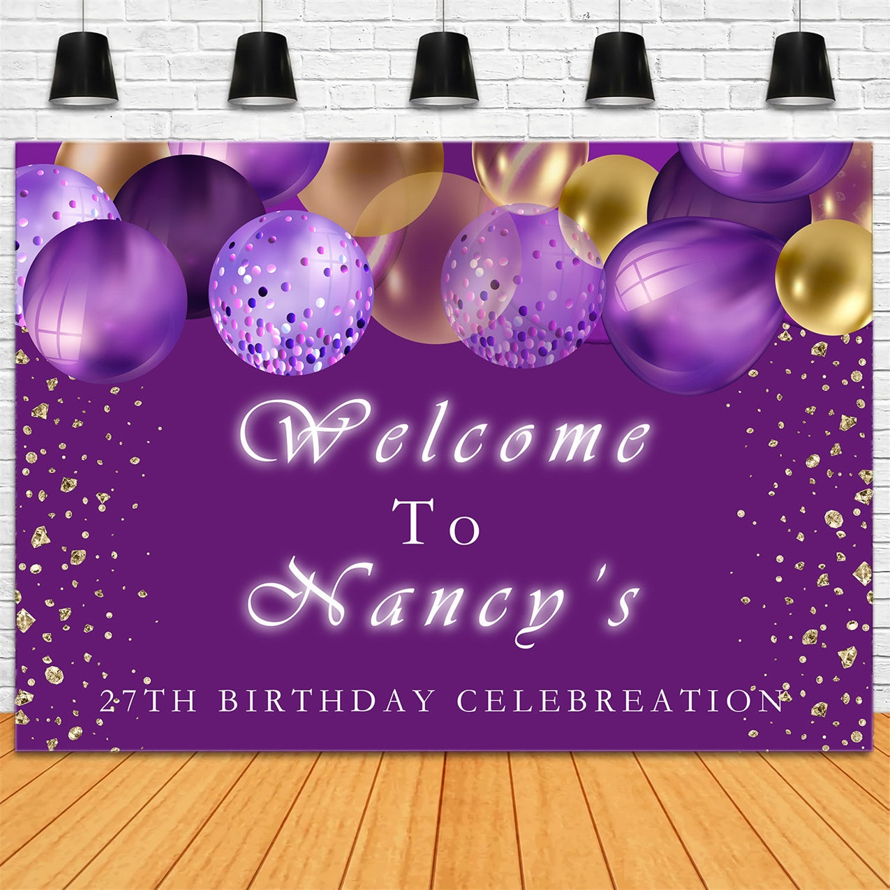 Customized Birthday Backdrop Lila Luftballons Golden Glitter Backdrop RR12-47