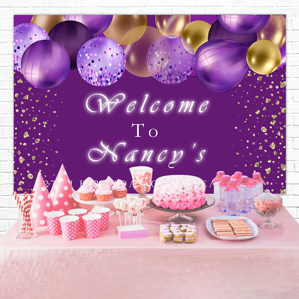 Customized Birthday Backdrop Lila Luftballons Golden Glitter Backdrop RR12-47