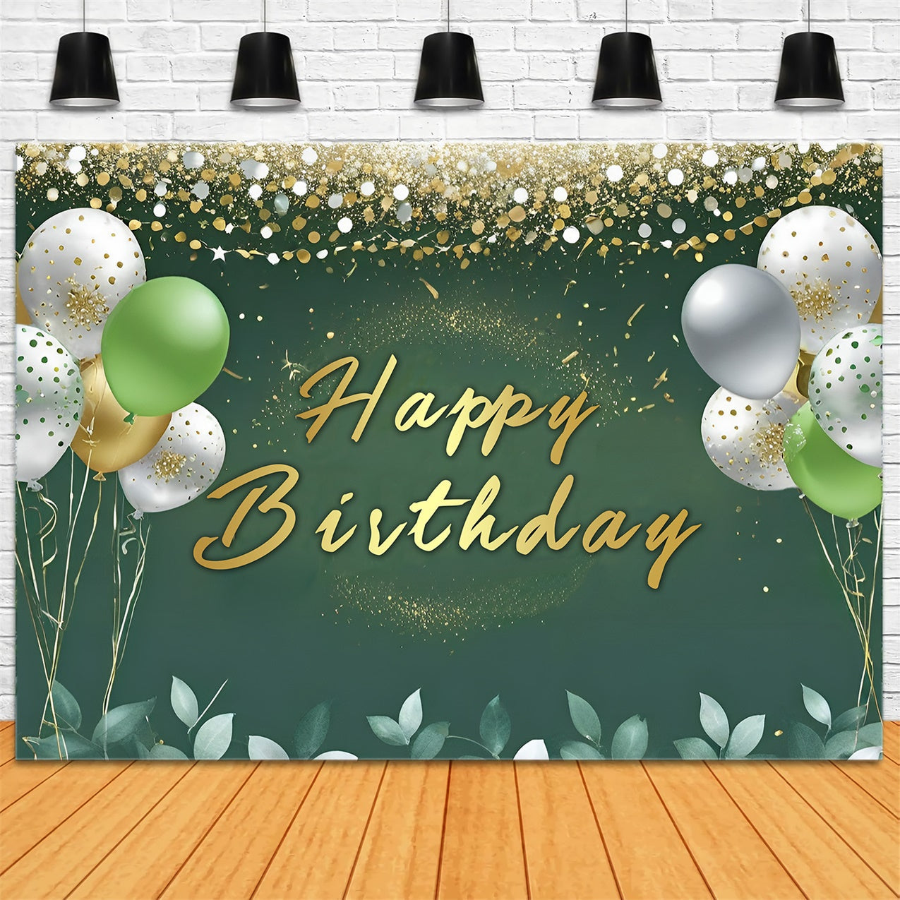 Custom Birthday Backdrops Elegante Ballons Golden Green Backdrop RR12-50