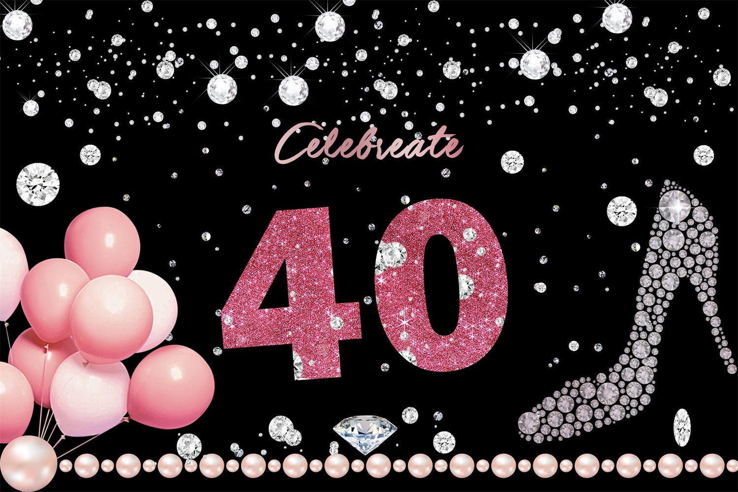 Personalisierte Geburtstag Backdrop 40. Diamant Perlen Ballon Backdrop RR12-57