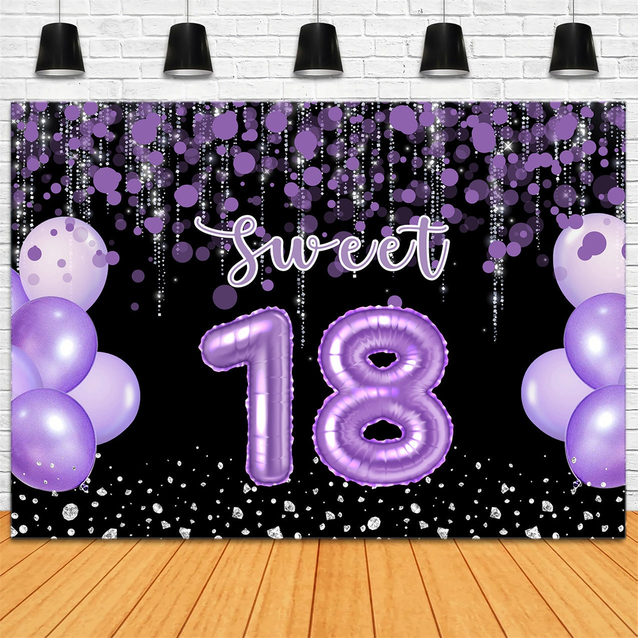 Personalisierte Geburtstag Backdrops Lila Ballon Funkelnd Sweet 18 Backdrop RR12-73