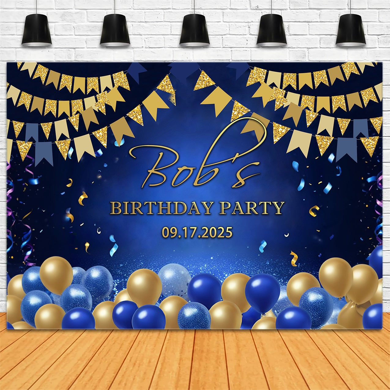 Personalisierte Geburtstag Backdrops Klassisch Blau Gold Feier Backdrop RR12-84