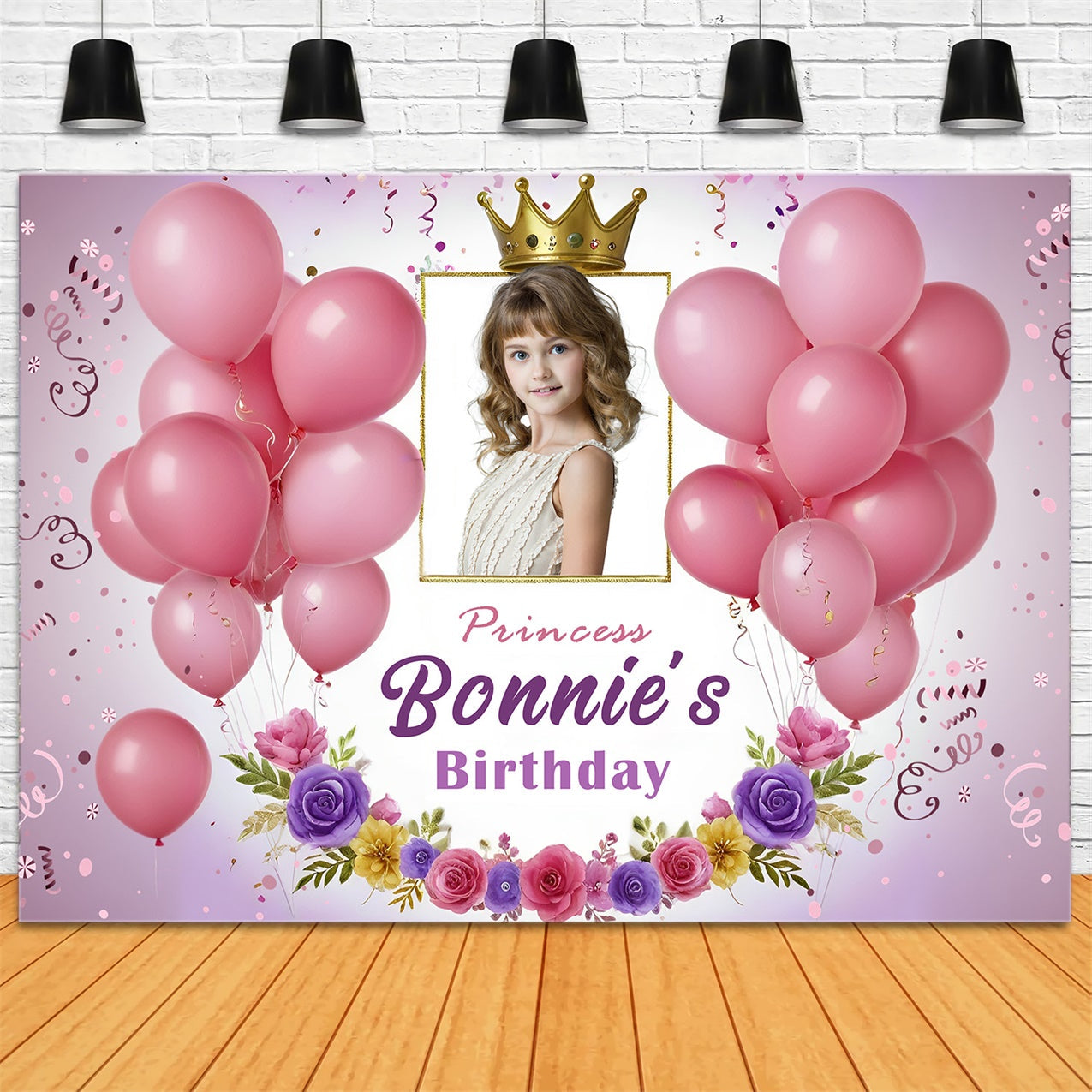 Personalisierte Geburtstag Backdrop Prinzessin Rosa Floral Ballon Backdrop RR12-94