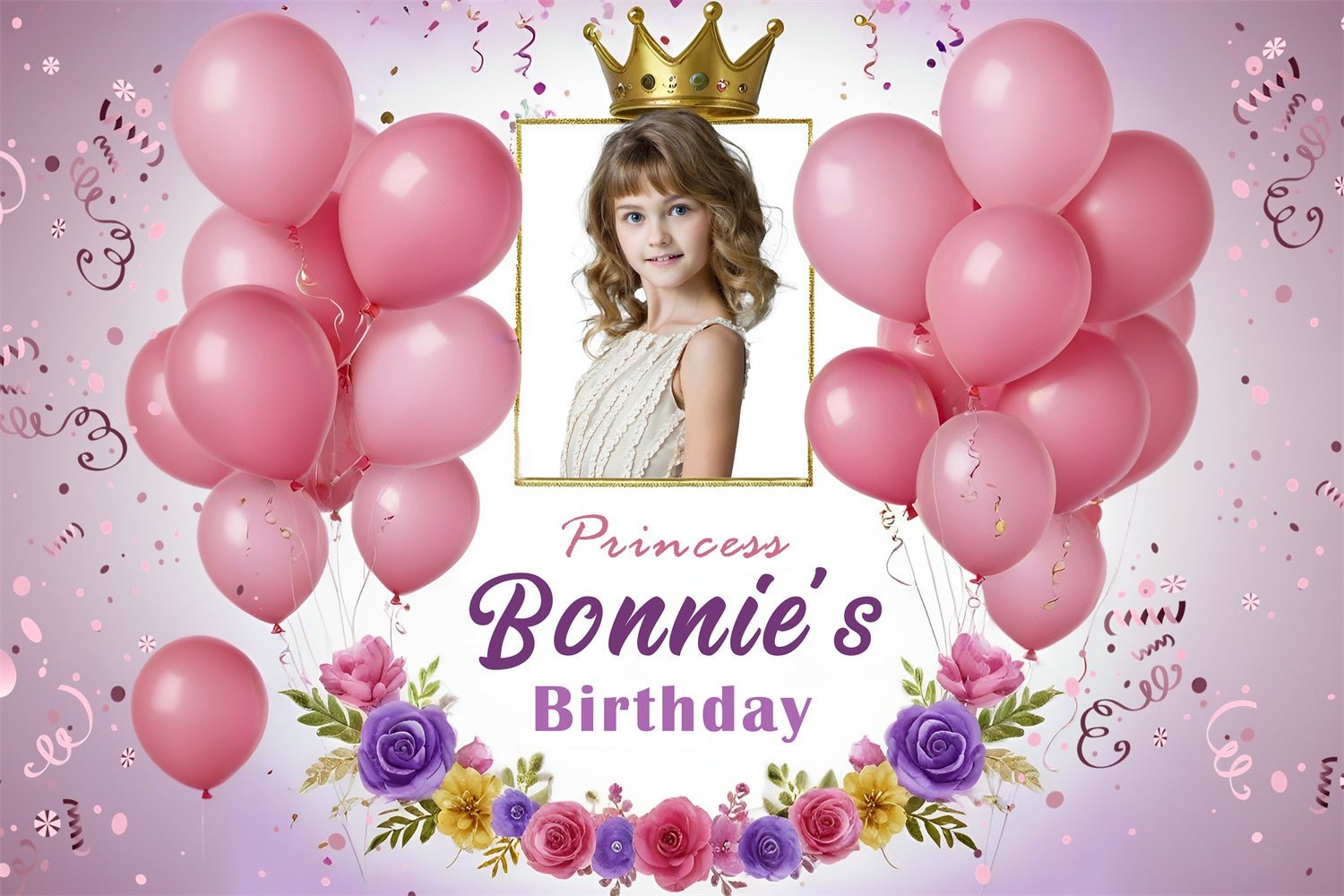 Personalisierte Geburtstag Backdrop Prinzessin Rosa Floral Ballon Backdrop RR12-94