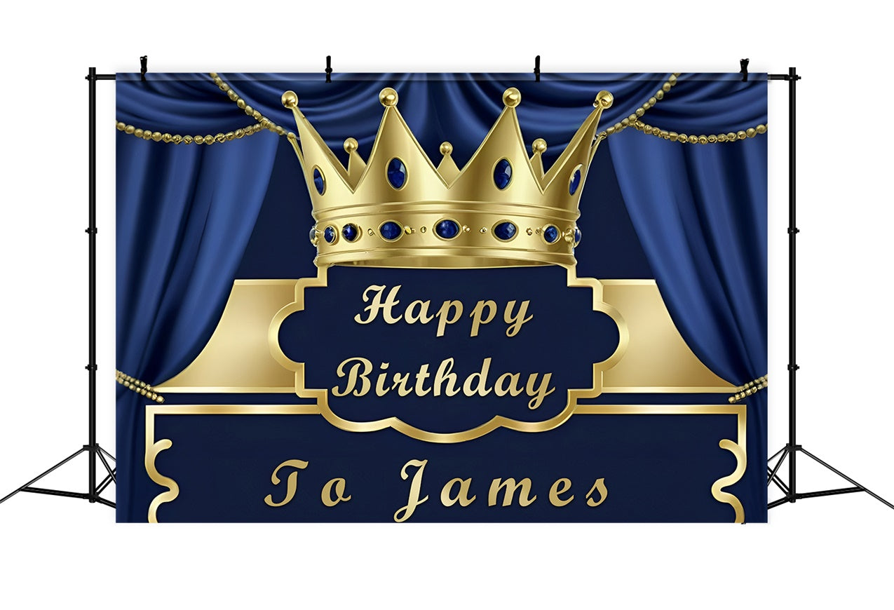 Personalisierte Geburtstag Backdrop Blauer Vorhang Gold Crown Backdrop RR12-98