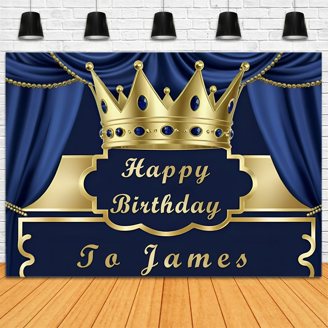 Personalisierte Geburtstag Backdrop Blauer Vorhang Gold Crown Backdrop RR12-98