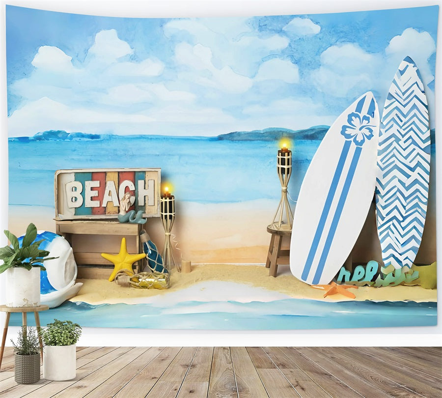 Sommer Meer Strand Blauer Himmel Weiße Wolken Surfen Theme Backdrop RR3-29