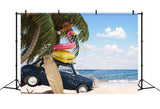 DBackdrop Sommer Strand Kokosnuss Baum Auto Flamingo Schwimmen Ring Hintergrund RR3-41