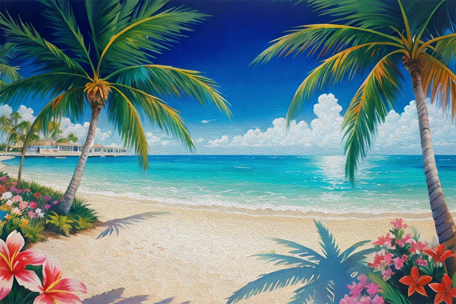 DBackdrop Sommer Ölgemälde Stil Kokosnuss Baum Blume Blau Meer Hintergrund RR3-44